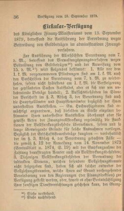 Cirkular-Verfügung des Königlichen Finanz-Ministeriums vom 13. September 1879, betreffend die Ausführung der Verordnung wegen Beitreibung von Geldbeträgen im administrativen Zwangsverfahren
