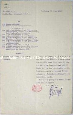 Rundschreiben des stellvertretenden Generalkommandos des III. Armeekorps zu einer Veröffentlichung einer Liste verbotener jugendgefährdender Schriften
