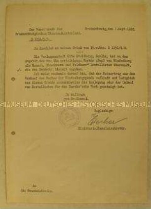 Rundschreiben des Vorsitzenden des Braunschweigischen Staatsministeriums an alle Staatsbehörden mit der Genehmigung von Bestelllisten für ein Buch über Hindenburg