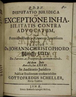 Disputatio Iuridica De Exceptione Inhabilitatis Contra Advocatum