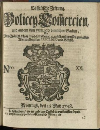 Nro. XX, Montags, den 13. May 1748