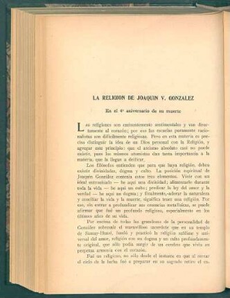 La religión de Joaquín V. González : En el 4° aniversario de su muerte