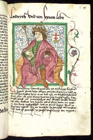 Thronender ungarischer Herrscher: König Ludwig; von Rankenwerk umgeben.