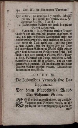 Caput XI. De Bubonis Venereis sive Lue Inguinaria. Von denen Klappohren, Venus- oder Schaam-Beulen.