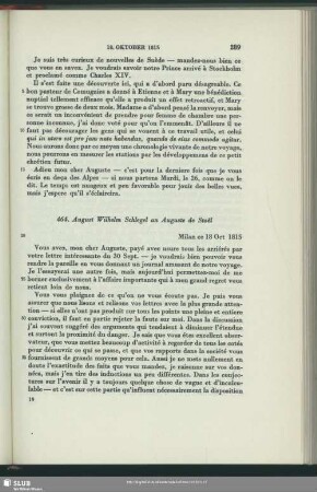 August Wilhelm von Schlegel an Auguste Louis de Staël-Holstein, Mailand, 18.10.1815