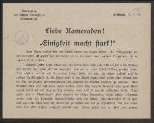 Aufforderung an die Unteroffiziere zum Zusammenschluss "Liebe Kameraden ! Einigkeit macht stark !" Vereinigung der aktiven Unteroffiziere Württembergs, 16x21 cm