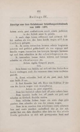 Beilage IV. Auszüge aus dem Gelnhäuser Schöffengerichtsbuch von 1465 - 1471.