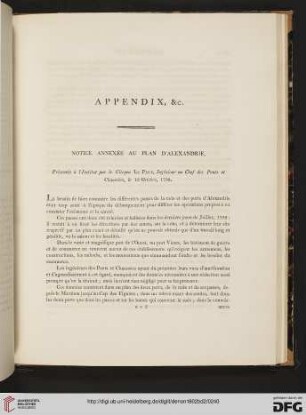 Appendix, &c. Notice annexée au plan d'Alexandrie [par Le Pere, Ingénieur en Chef des Ponts et Chaussées]