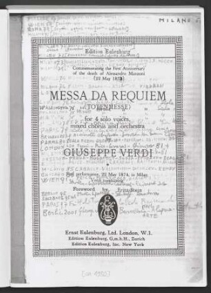 Messa da requiem : for 4 solo voices, mixed chorus and orchestra