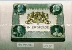 Blechdose für Zigarillos "IN ERBFOLGE" (Abbildung vier Männer- und ein Mädchenporträt)