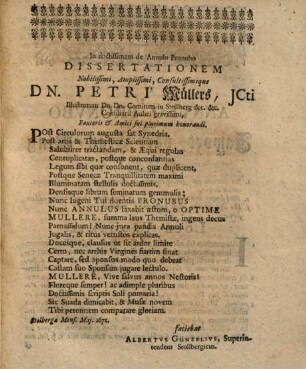Petri Mülleri ... Dissertationes tres: I. de annulo pronubo, vulgo vom Jaworts- oder Trau-Ring; II. de modo ac usu computationis graduum; III. de osculo sancto iunctim editae