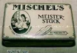 Blechdose für 50g Tabak "MISCHEL'S MEISTER-STÜCK" (Abbildung: sitzende zigarettendrehende Orientalin)