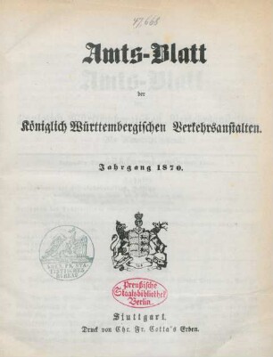 1870: Amtsblatt der Württembergischen Verkehrsanstalten
