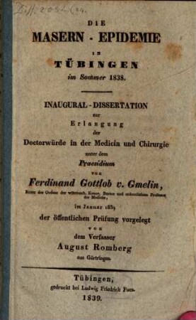 Die Masern-Epidemie in Tübingen im Sommer 1838 : Inaug.-Diss.
