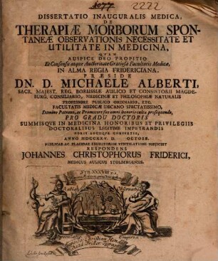 Diss. inaug. med. de therapiae morborum spontaneae observationis necessitate et utilitate in medicina