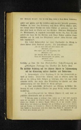 Leitsätze zu dem für den Bielefelder Schulkongreß angekündigten Vortrage des Direktor Dr. Kolbe über die christliche Erziehung auf den höheren Schulen im Zusammenhang mit der Erneuerung unseres Familien- und Volkslebens