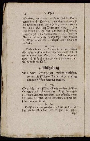3. Abtheilung. Von denen Krankheiten, welche entstehen, wenn die flüßigen Theile nicht gehörig durch die festen beweget werden.