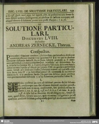 De Solutione Particulari, Discursus LVIII. Defendens Andreas Zernecke, Thorun.