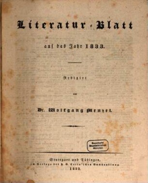 Morgenblatt für gebildete Stände. Literatur-Blatt. 1833