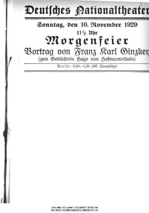 Morgenfeier [...] (zum Gedächtnis Hugo von Hofmannsthals)
