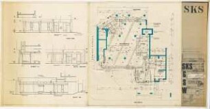 Sanierungsgebiet Kreuzberg Süd SKS, Wohnungsbau, Admiralstraße, Berlin-Kreuzberg: Grundriss Ergeschoss, Schnitt, Ansichten Geschäftsräume für Bank, 1:50