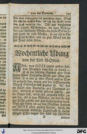 Wochentliche Übung von der Lieb Gottes.