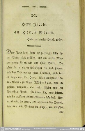 20. Herr Jacobi an Herrn Gleim. Halle den 21sten Octob. 1767