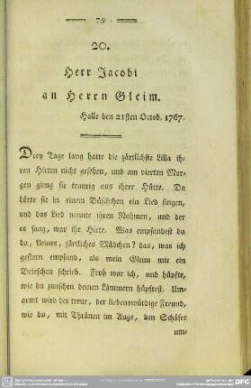 20. Herr Jacobi an Herrn Gleim. Halle den 21sten Octob. 1767