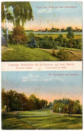 Leipziger Rodelbahn mit Kaffeehaus auf dem Bienitz : Blick vom Park auf den Wachtberg ; Die Rodelbahn im Sommer