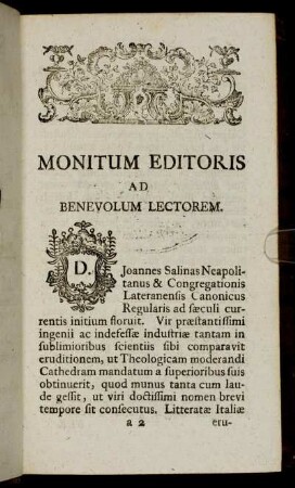 Monitum editoris ad benevolum lectorem.