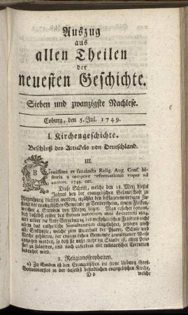 Sieben und zwanzigste Nachlese. Coburg, den 5. Jul. 1749.