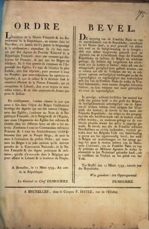 Ordre L'Intention de la Nation Française & des Représentans de la République, ... = Bevel De meyning van de Fransche Natie ...