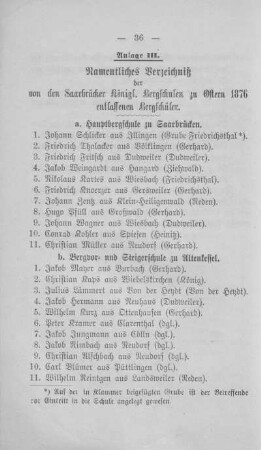Anlage III - Namentliches Verzeichniß der von den Saarbrücker königl. Bergschulen zu Ostern 1876 entlassenen Bergschüler