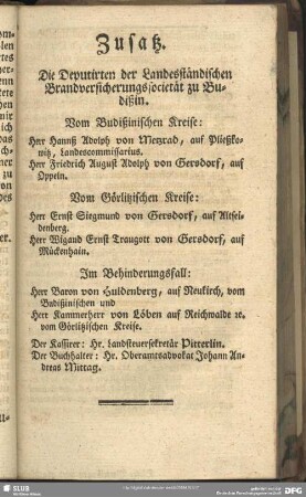 Zusatz. Die Deputirten der Landesständischen Brandversicherungssocietät zu Budißin
