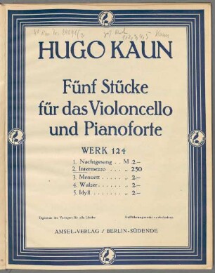 Fünf Stücke für das Violoncello und Pianoforte, Werk 124. 2, Intermezzo : Werk 124 No. 2