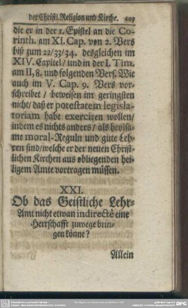XXI. Ob das Geistliche Lehr-Amt nicht etwan indirecte eine Herrschafft zuwege bringen könne?