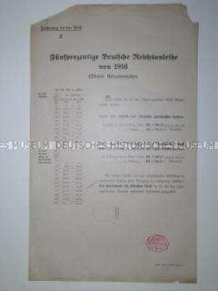 Informationsblatt zu den Modalitäten für Zahlungen an die Deutsche Reichsanleihe von 1916 (5. Kriegsanleihe)