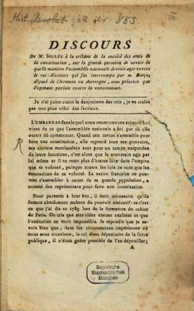 Discours de M. Soulés à la tribune de la société des amis de la constitution ...