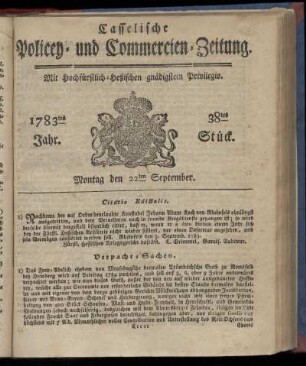 38tes Stueck, Montag den 22ten September. 1783
