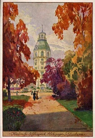 Postkartenalbum. "Karlsruhe - Schlosspark - Blick gegen Schlossturm". Schlosspark und Schlossturm