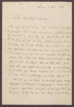Schreiben von Moritz Ellstätter, Berlin, an seine Frau Marie: - Reisepläne - Einladungen [Adolf von] Hansemanns, [Heinrich von] Friedbergs, [Berthold] Auerbachs - Kontakt zu [Ludwig] Turban - Besuch bei Gneists (zusammen mit Prof. Liebermann)