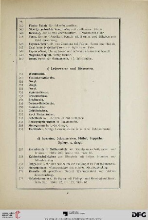 d) Intarsien, Schnitzereien, Möbel, Teppiche, Spitzen u. dergl. (Nr. 367-472)