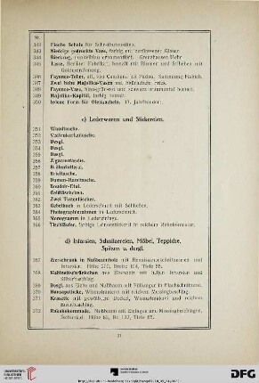 d) Intarsien, Schnitzereien, Möbel, Teppiche, Spitzen u. dergl. (Nr. 367-472)