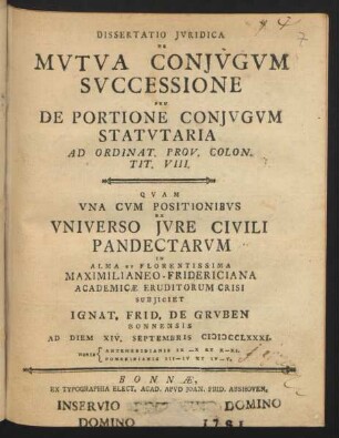 Dissertatio Iuridica De Mutua Coniugum Successione Seu De Portione Coniugum Statutaria Ad Ordinat. Prov. Colon. Tit. VIII.
