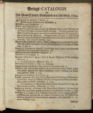Verlags-Catalogus von Joh. Adam Schmidt, Buchhändlern in Nürnberg. 1744.