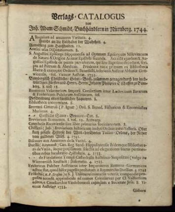 Verlags-Catalogus von Joh. Adam Schmidt, Buchhändlern in Nürnberg. 1744.