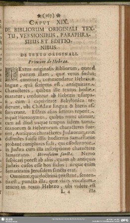 Caput XIX. De Bibliorum Originali Textu, Versionibus Paraphrasibus Et Editionibus