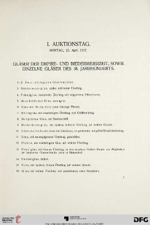 Gläser der Empire- und Biedermeierzeit, sowie einzelne Gläser des 18. Jahrhunderts (Nr. 1-271)