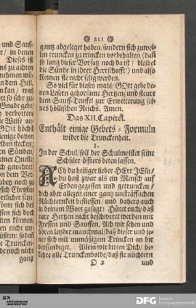 Das XII. Capitel. Enthält einige Gebets-Formuln wider die Trunckenheit.