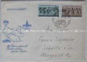 Adressierter Ersttagsbrief mit Marken und Stempel zur Friedensfahrt